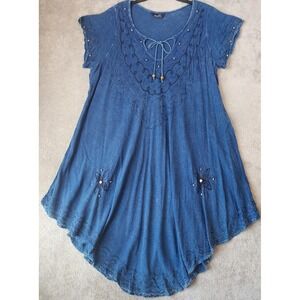 Riviera Sun Dress Womens XLarge Blue Embroidered Bead Accent Boho Hippie Midi